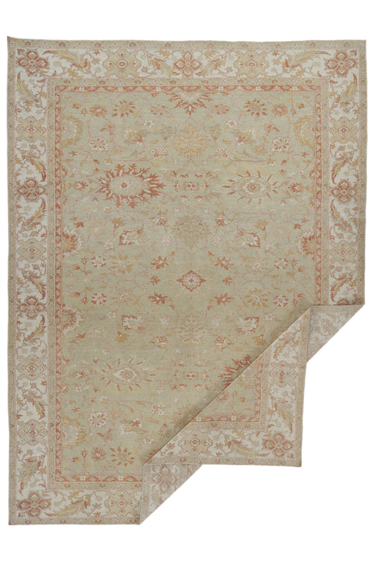9x12 Light Green and Rust Turkish Traditional Rug