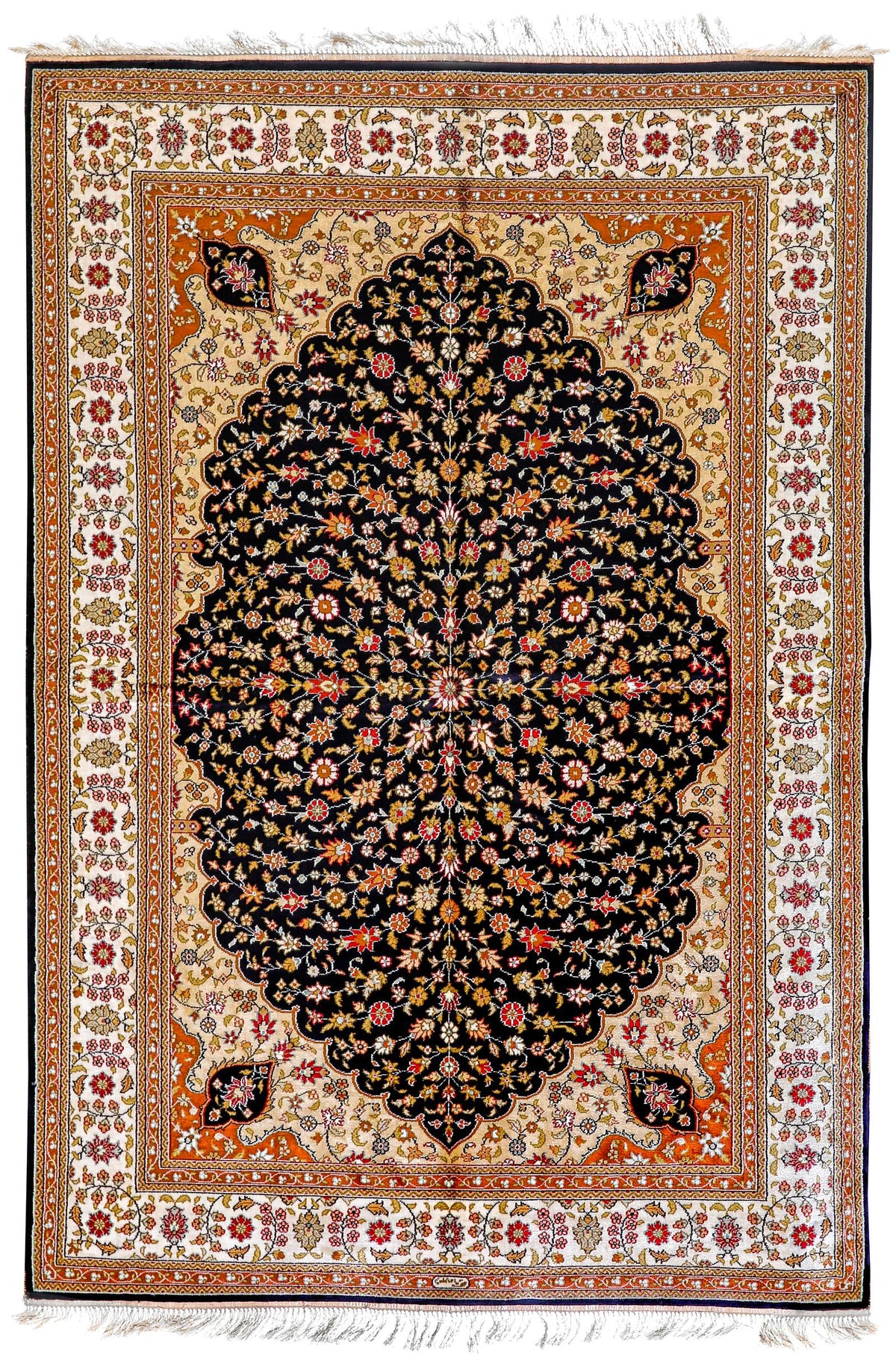 4x6 Navy and Ivory Turkish Silk Rug