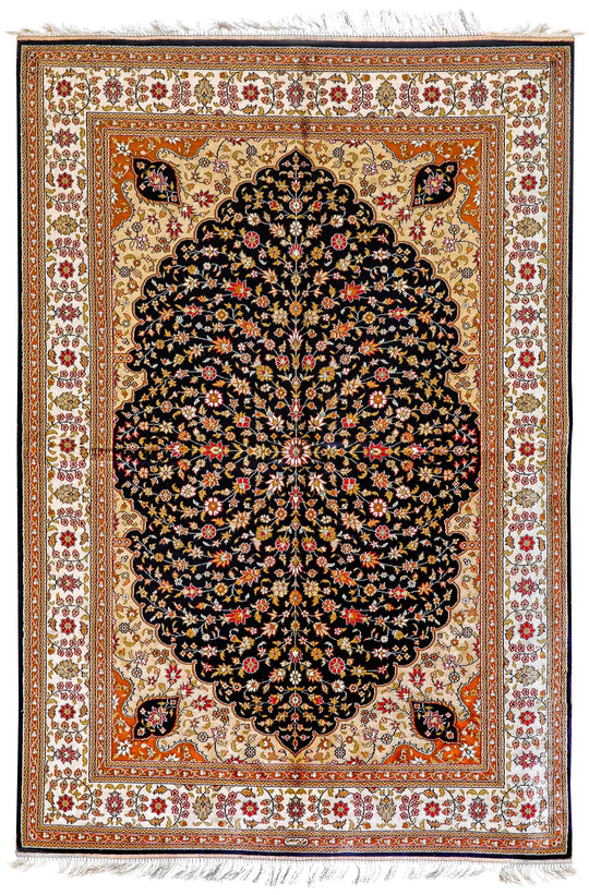 4x6 Navy and Ivory Turkish Silk Rug