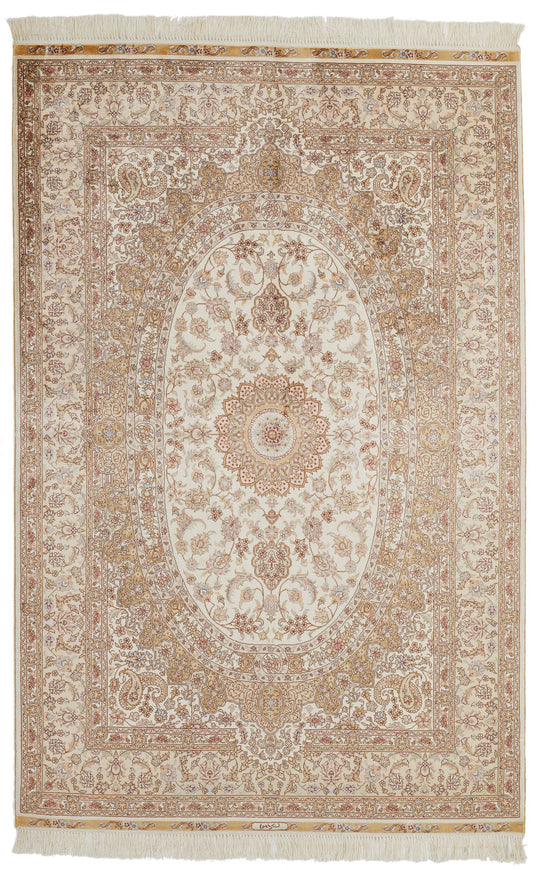 4x6 Beige and Beige Turkish Silk Rug
