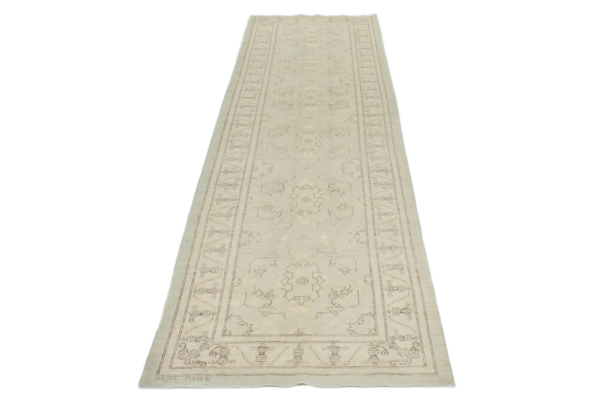 3x11 Light Blue and Ivory Turkish Oushak Runner