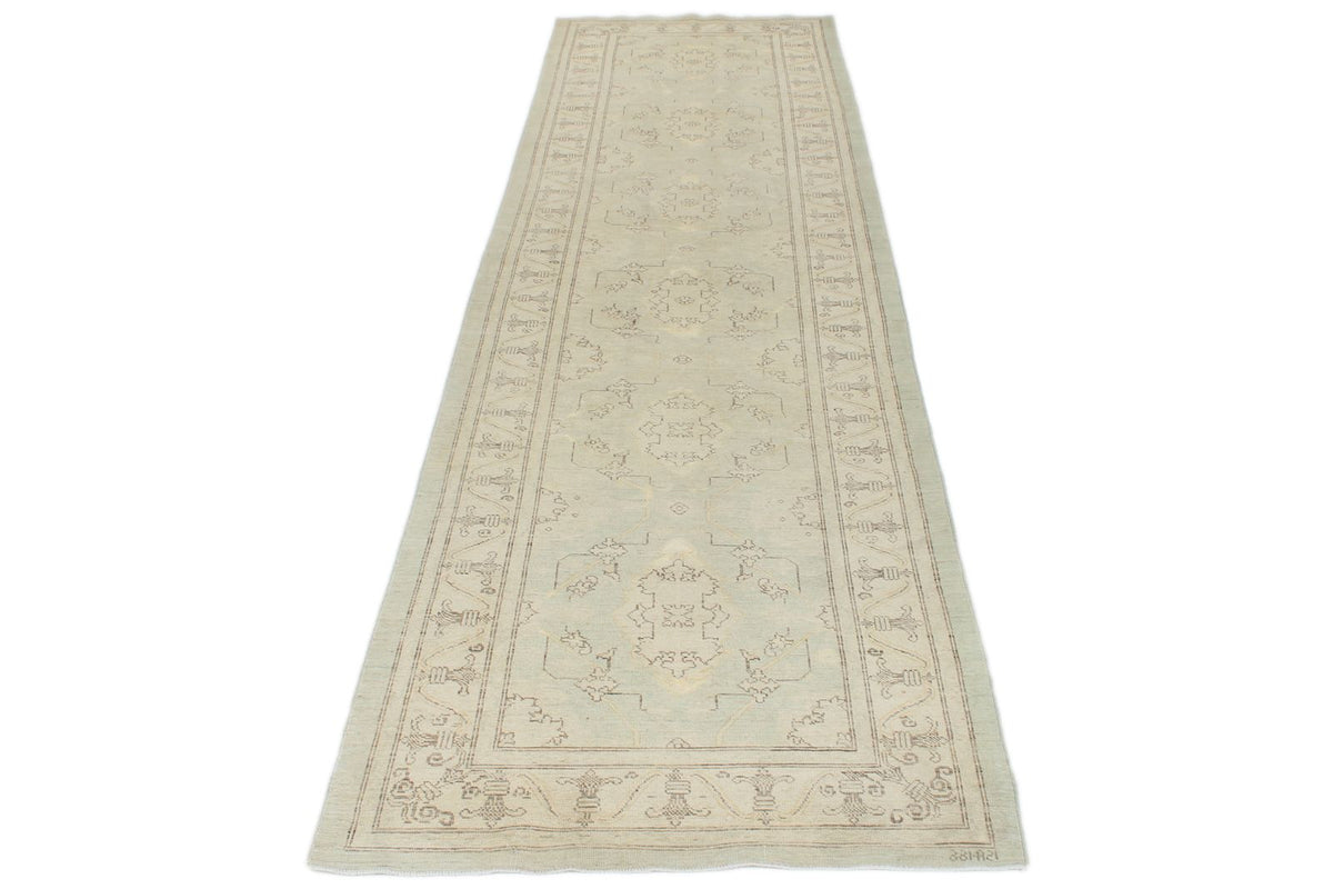 3x11 Light Blue and Ivory Turkish Oushak Runner