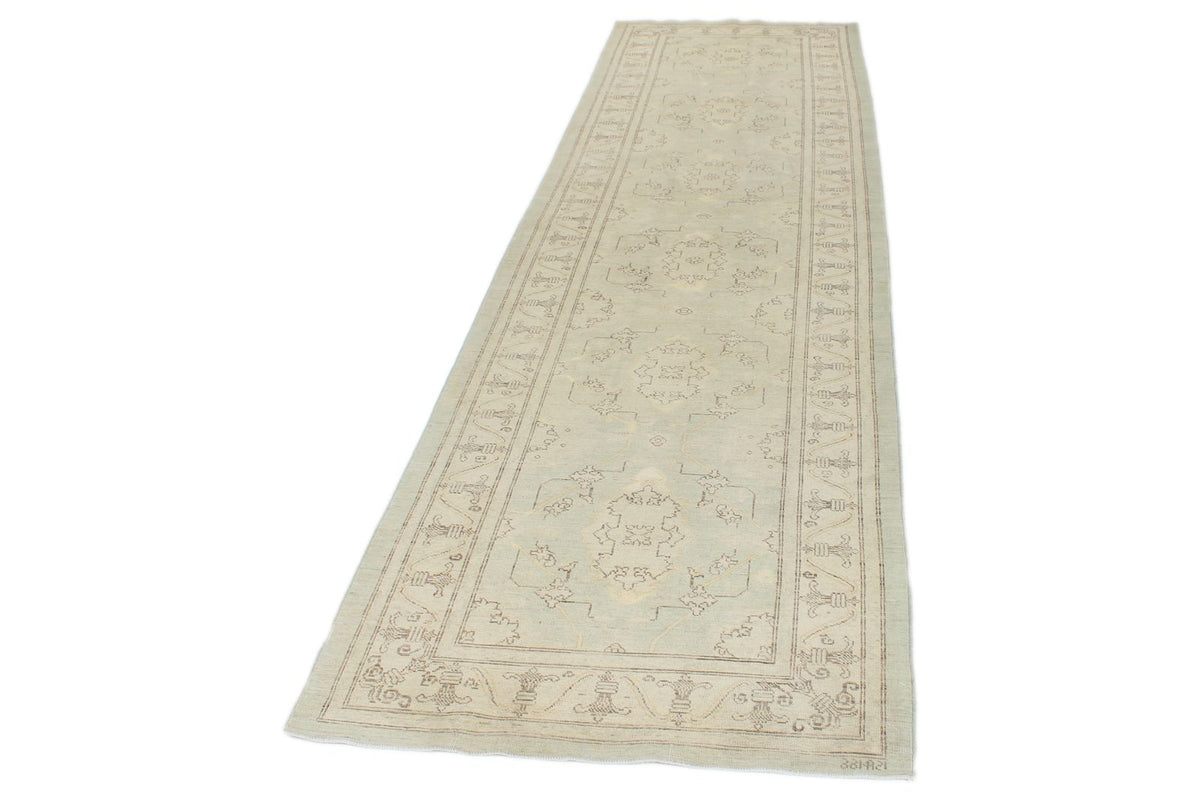 3x11 Light Blue and Ivory Turkish Oushak Runner