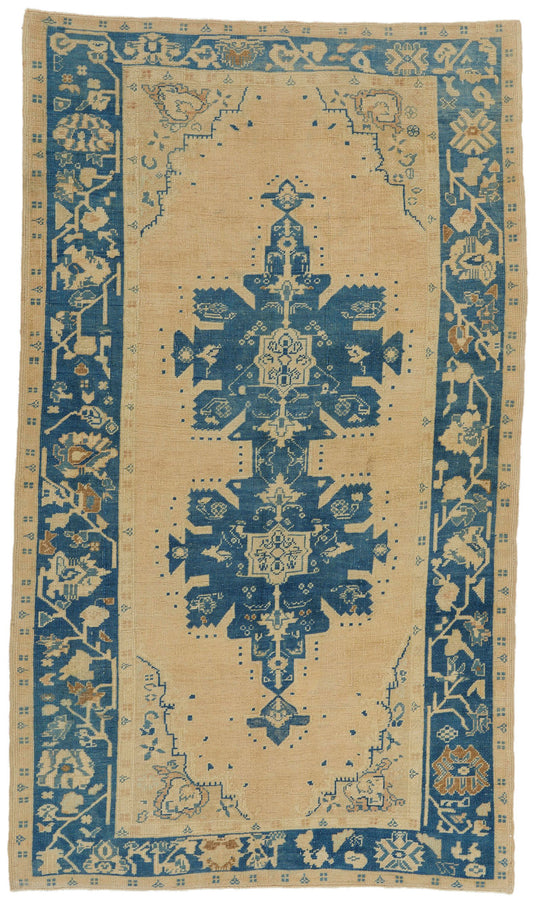 6x10 Blue and Ivory Turkish Tribal Rug
