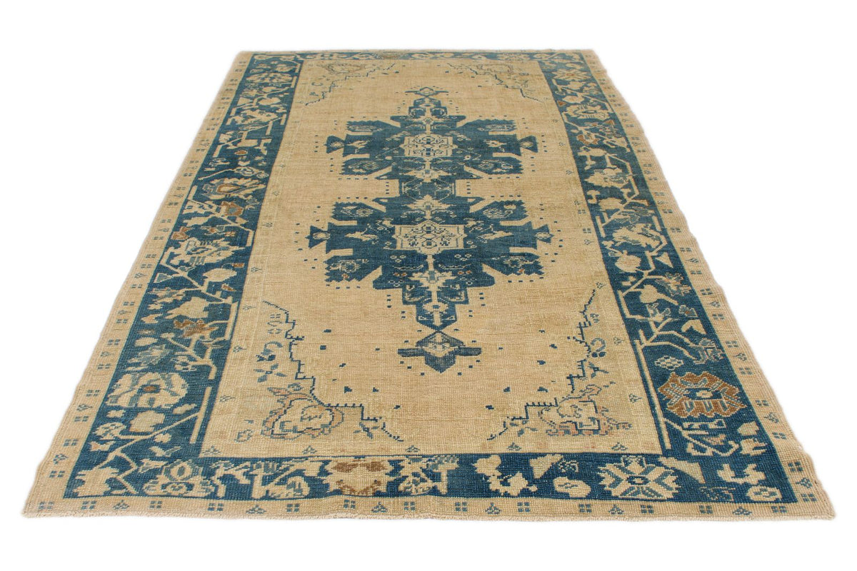 6x10 Blue and Ivory Turkish Tribal Rug