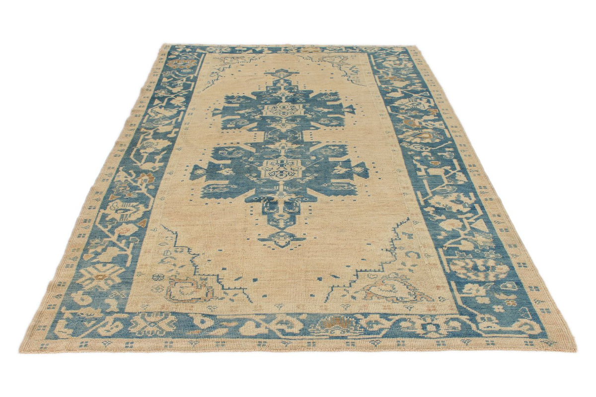 6x10 Blue and Ivory Turkish Tribal Rug