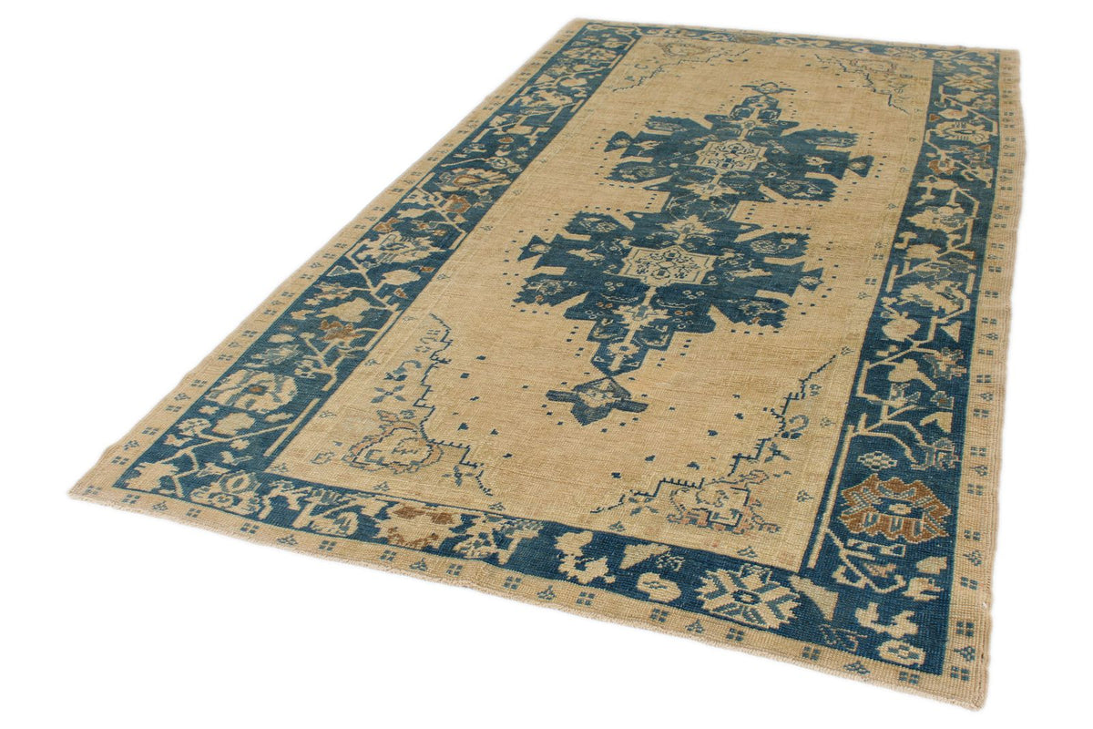 6x10 Blue and Ivory Turkish Tribal Rug