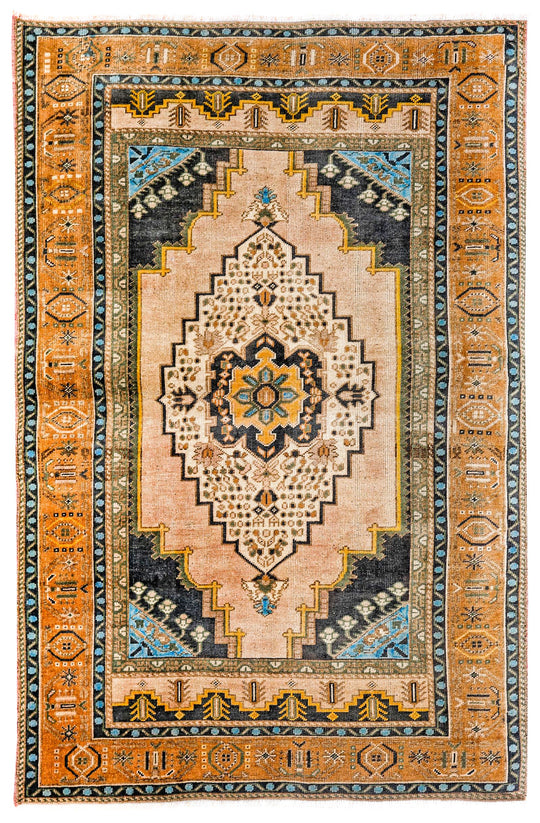 4x6 Ivory and Rust Turkish Tribal Rug