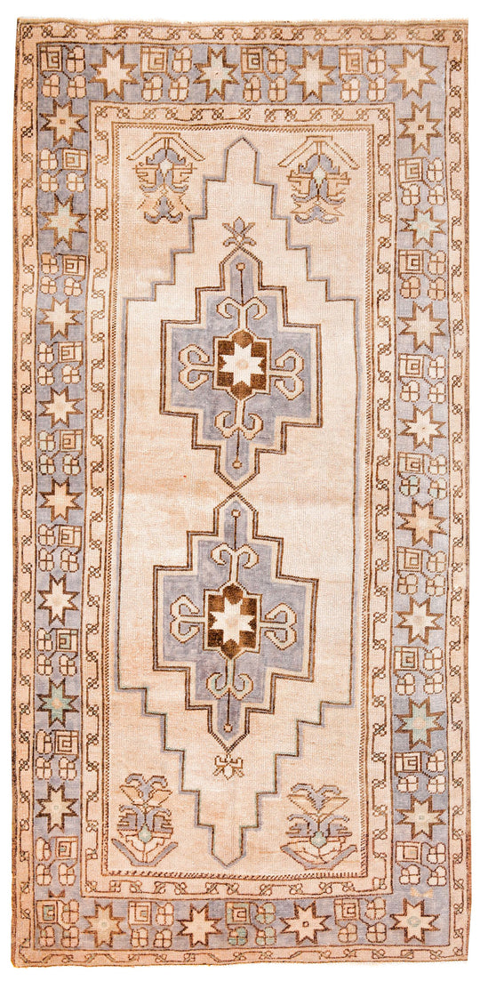 4x8 Ivory and Blue Turkish Tribal Rug