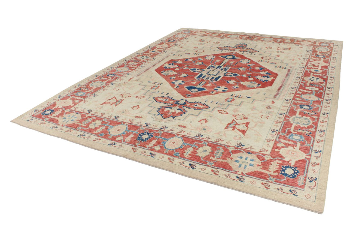 9x12 Ivory and Red Turkish Oushak Rug
