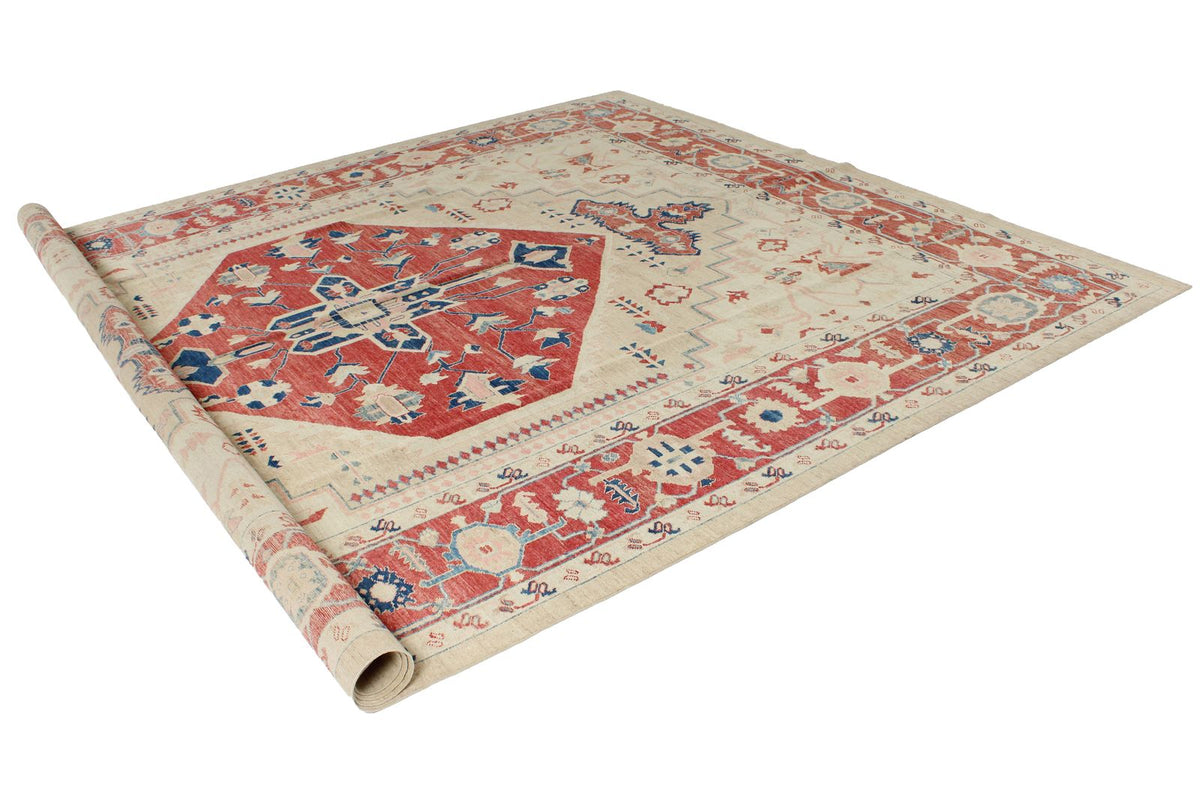 9x12 Ivory and Red Turkish Oushak Rug