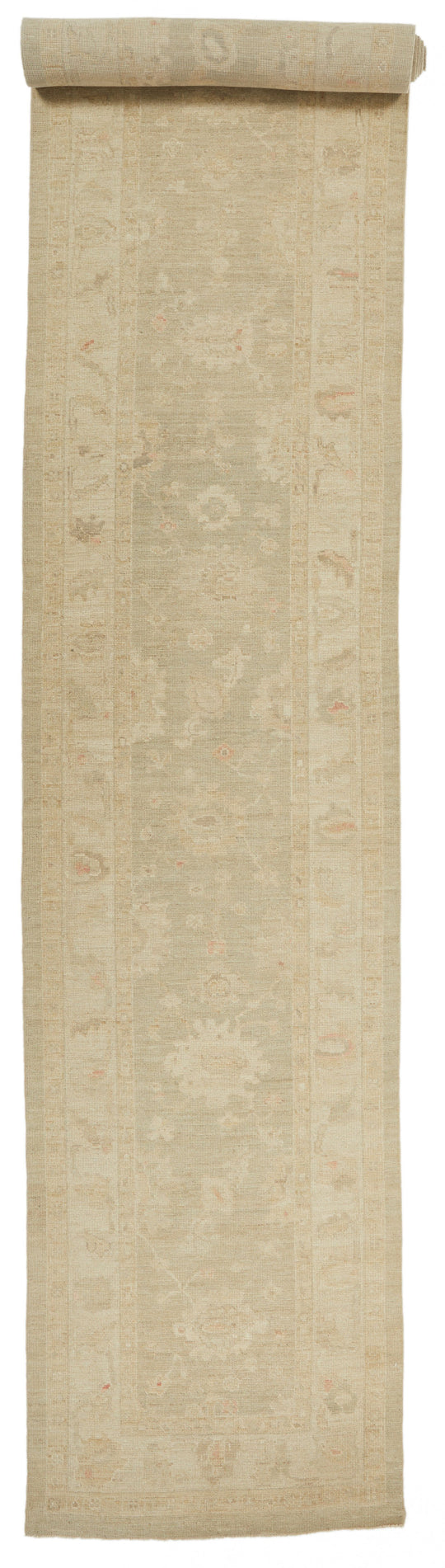 4x29 Green and Ivory Turkish Oushak Runner