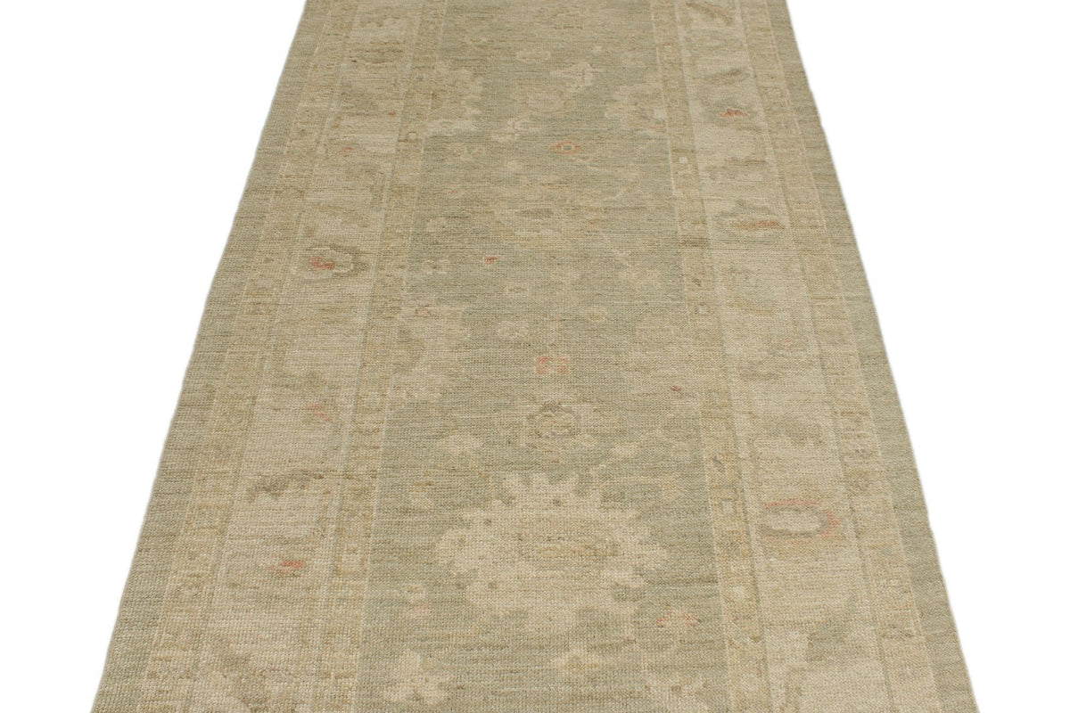 4x29 Green and Ivory Turkish Oushak Runner