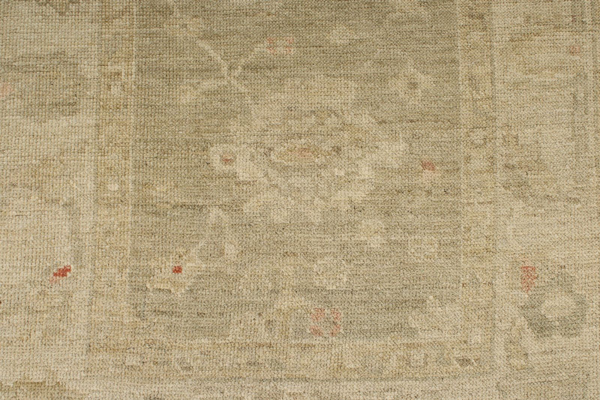 4x29 Green and Ivory Turkish Oushak Runner