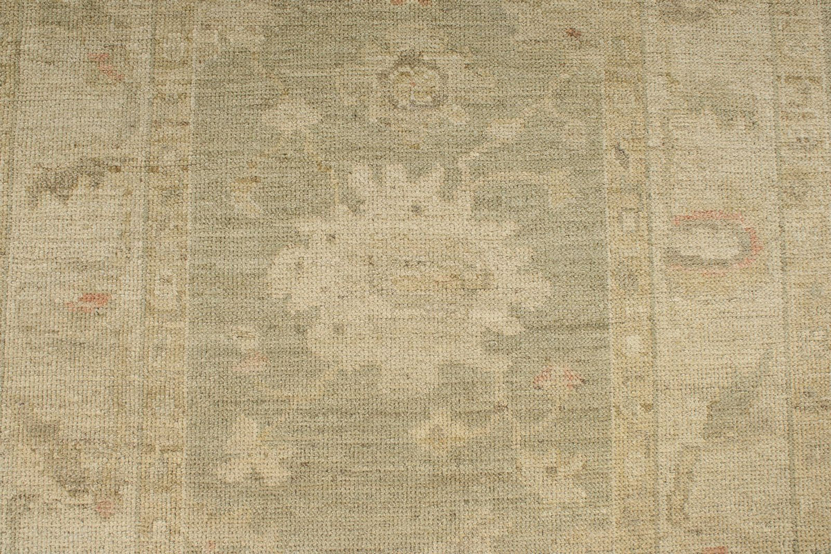 4x29 Green and Ivory Turkish Oushak Runner
