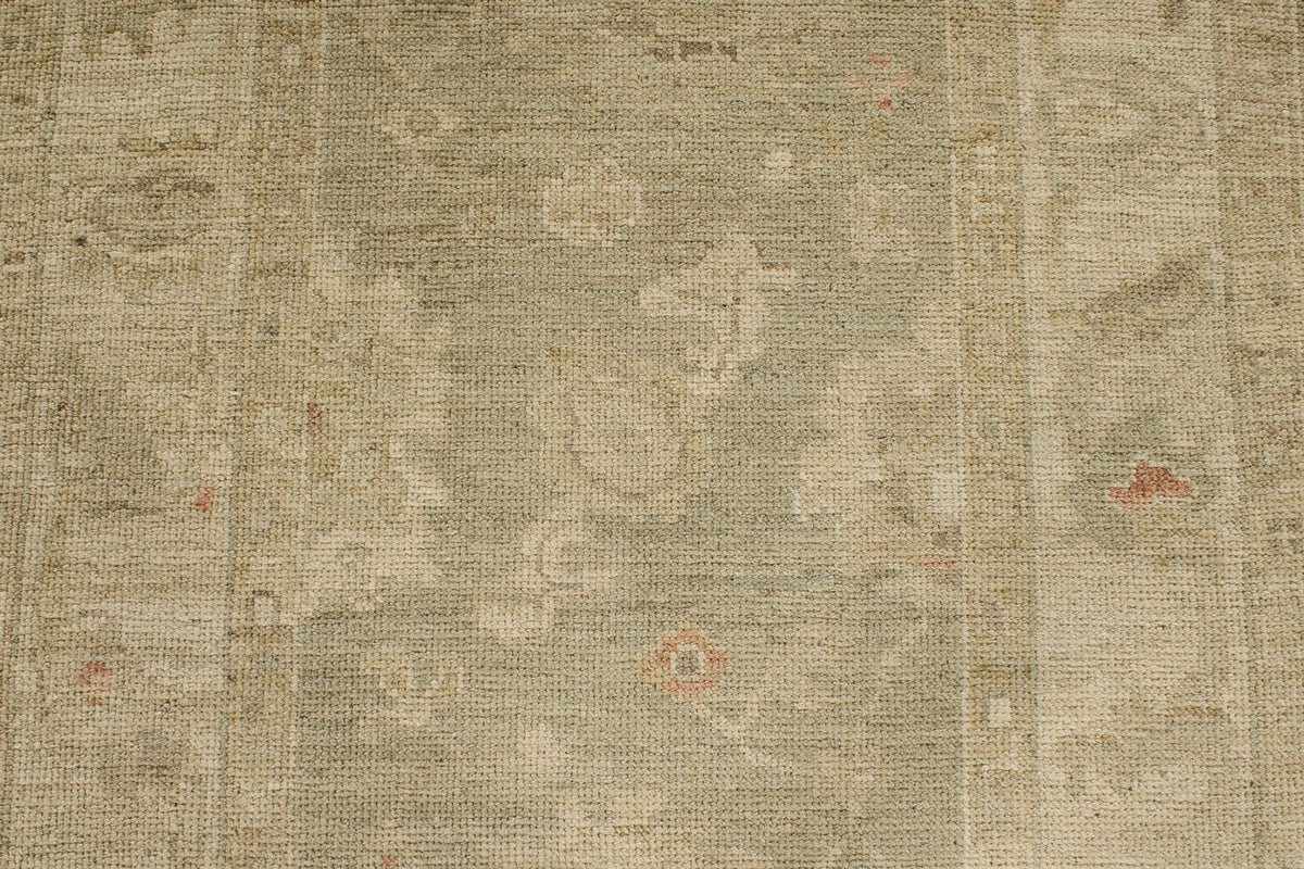 4x29 Green and Ivory Turkish Oushak Runner