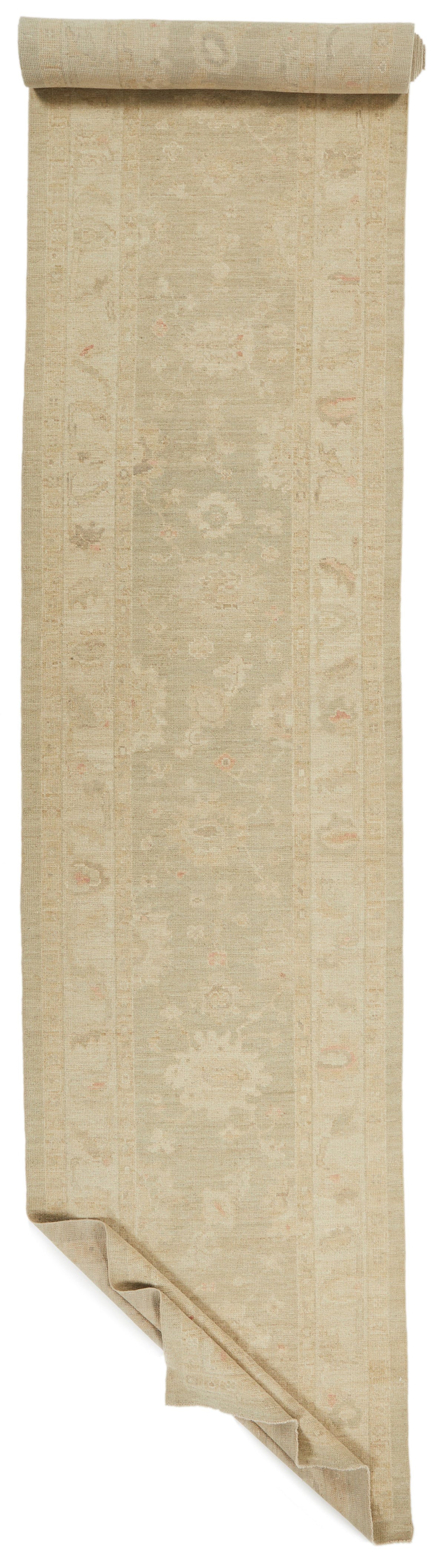 4x29 Green and Ivory Turkish Oushak Runner