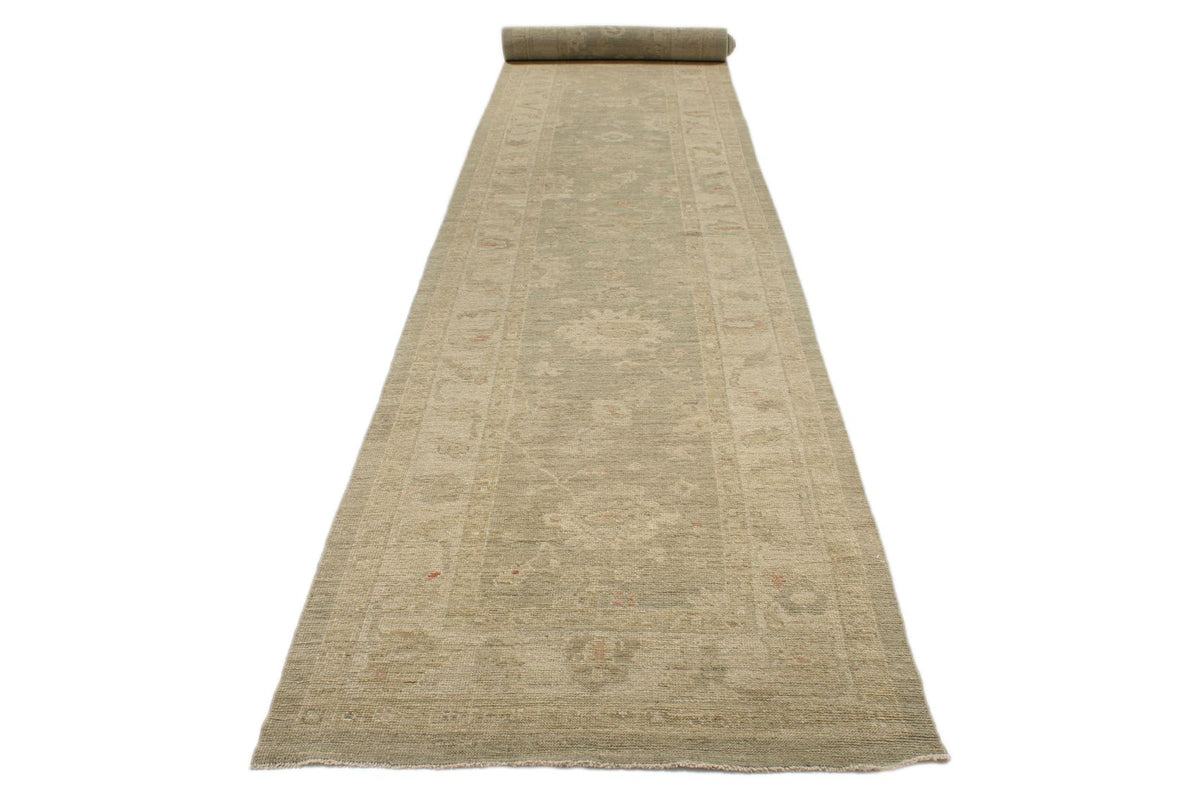 4x29 Green and Ivory Turkish Oushak Runner