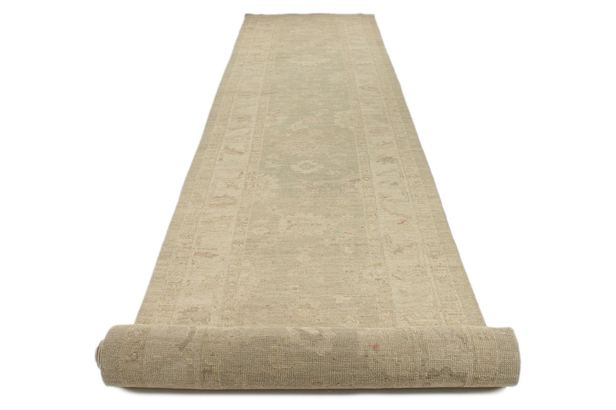 4x29 Green and Ivory Turkish Oushak Runner
