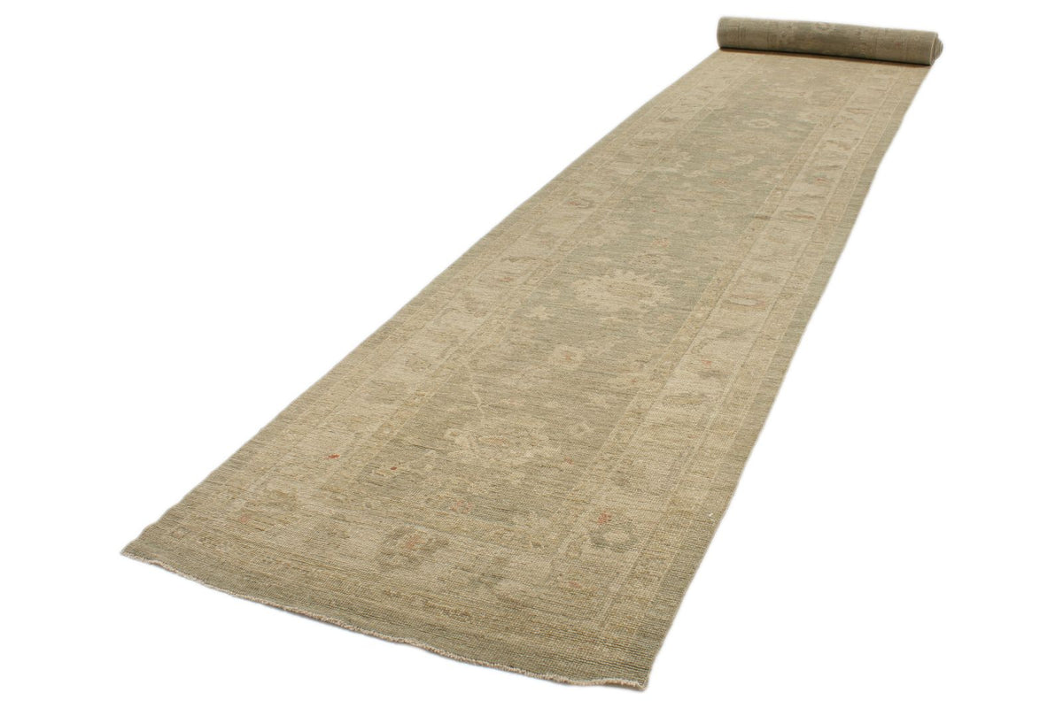4x29 Green and Ivory Turkish Oushak Runner