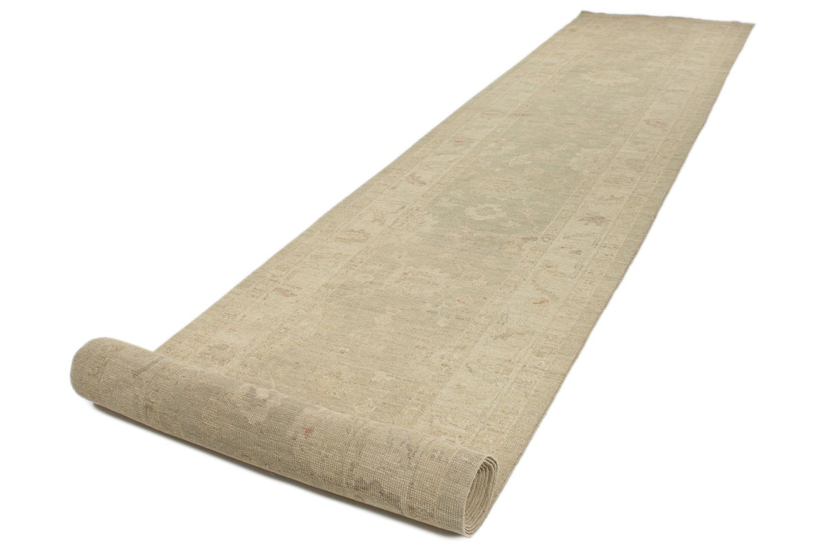 4x29 Green and Ivory Turkish Oushak Runner