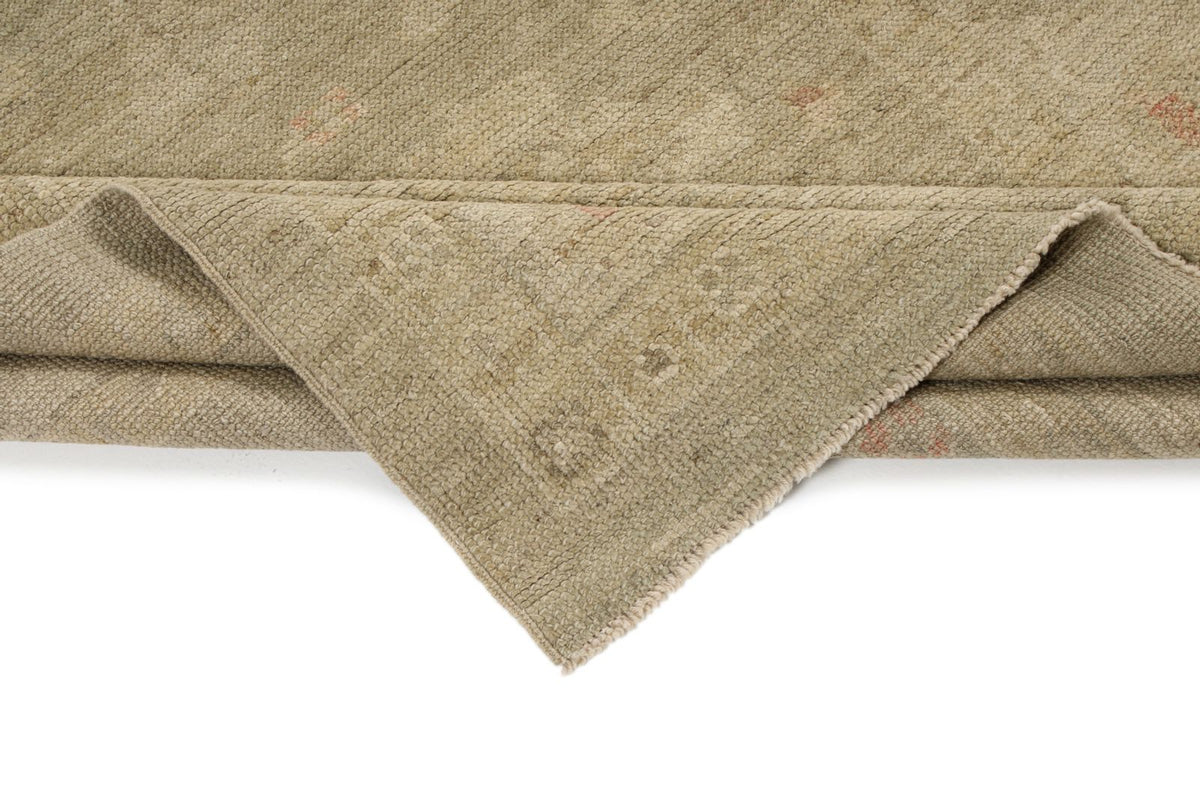 4x29 Green and Ivory Turkish Oushak Runner