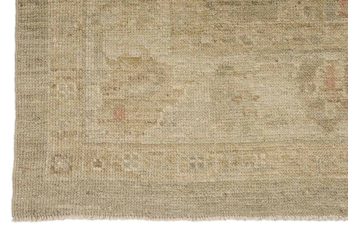 4x29 Green and Ivory Turkish Oushak Runner