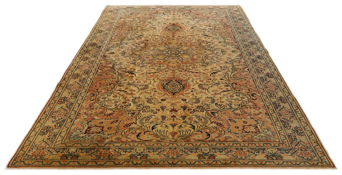 7x10 Ivory and Green Turkish Traditional Rug