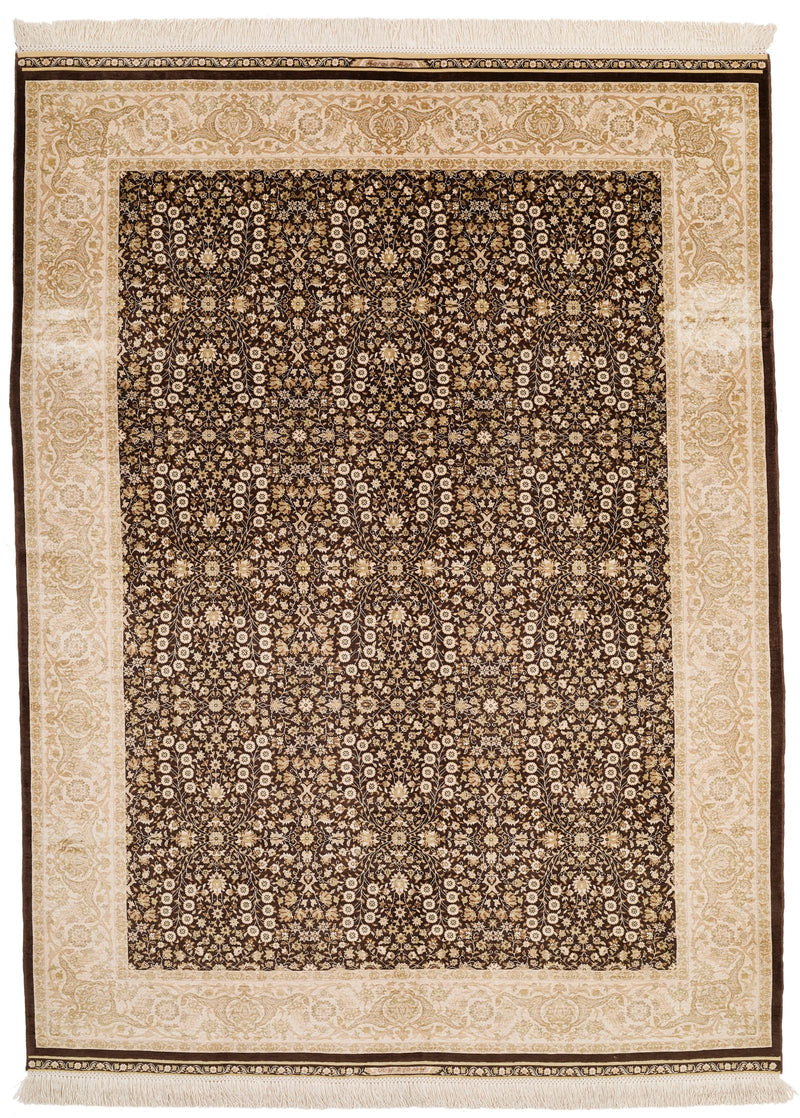 6x8 Brown and Ivory Turkish Silk Rug