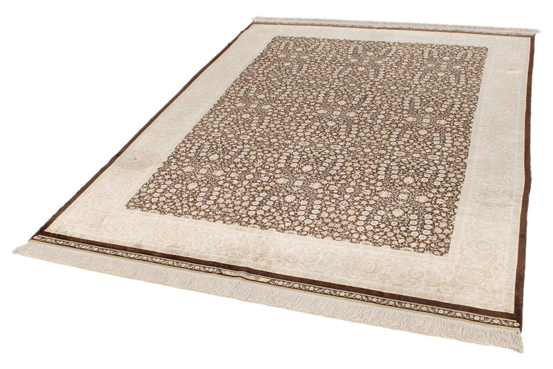 6x8 Brown and Ivory Turkish Silk Rug