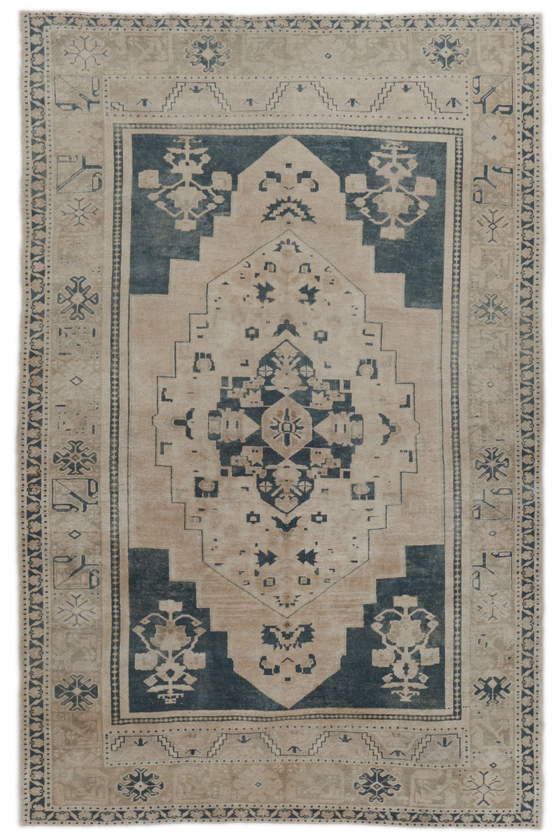 6x9 Ivory and Light Blue Anatolian Turkish Tribal Rug