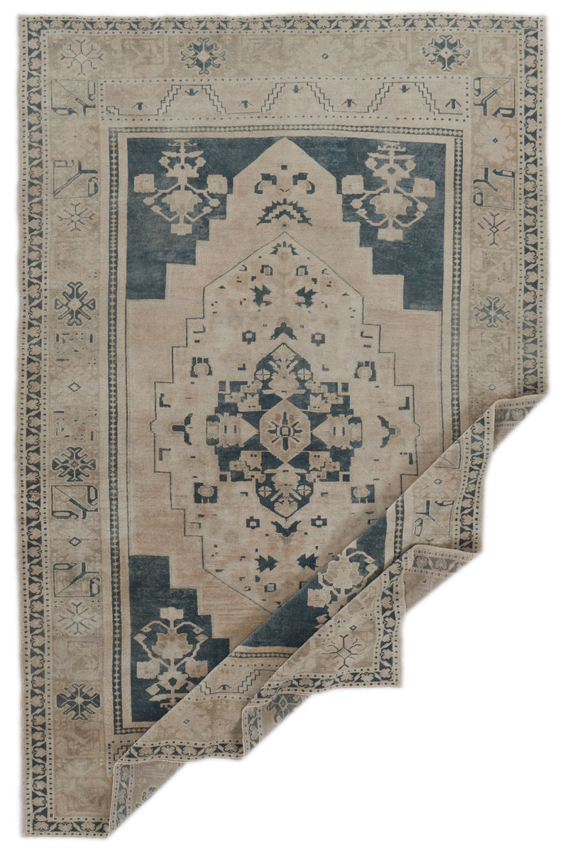 6x9 Ivory and Light Blue Anatolian Turkish Tribal Rug