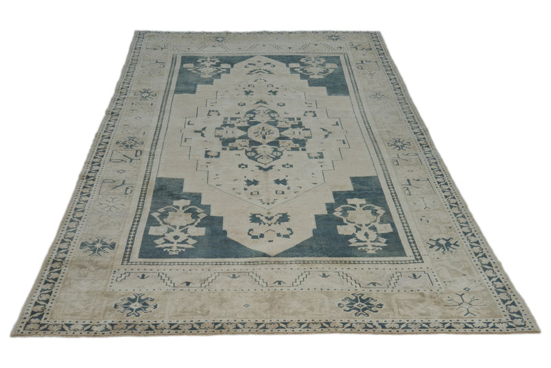 6x9 Ivory and Light Blue Anatolian Turkish Tribal Rug