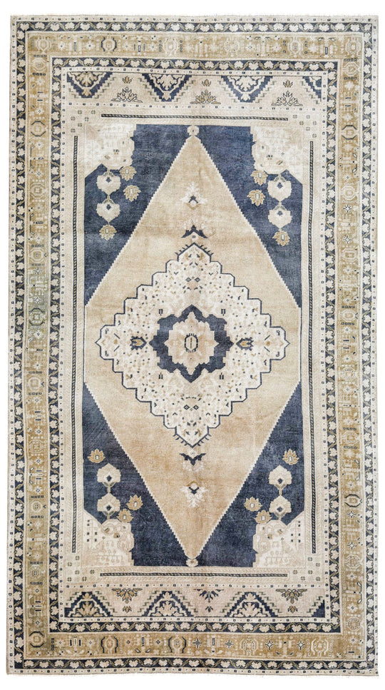 6x10 Ivory and Green Turkish Tribal Rug