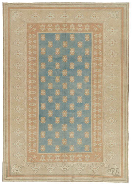 7x11 Blue and Beige Turkish Tribal Rug