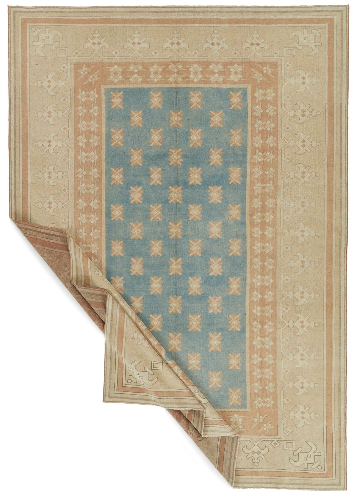 7x11 Blue and Beige Turkish Tribal Rug