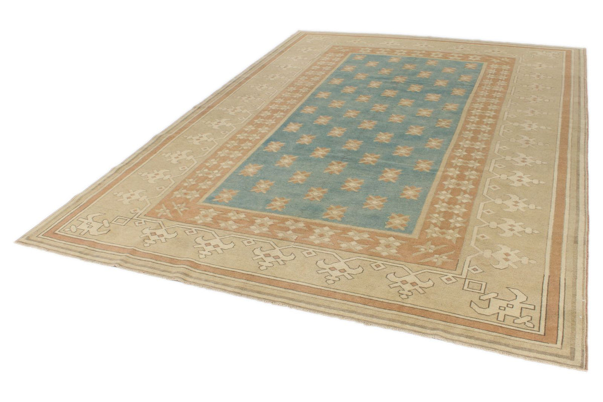 7x11 Blue and Beige Turkish Tribal Rug