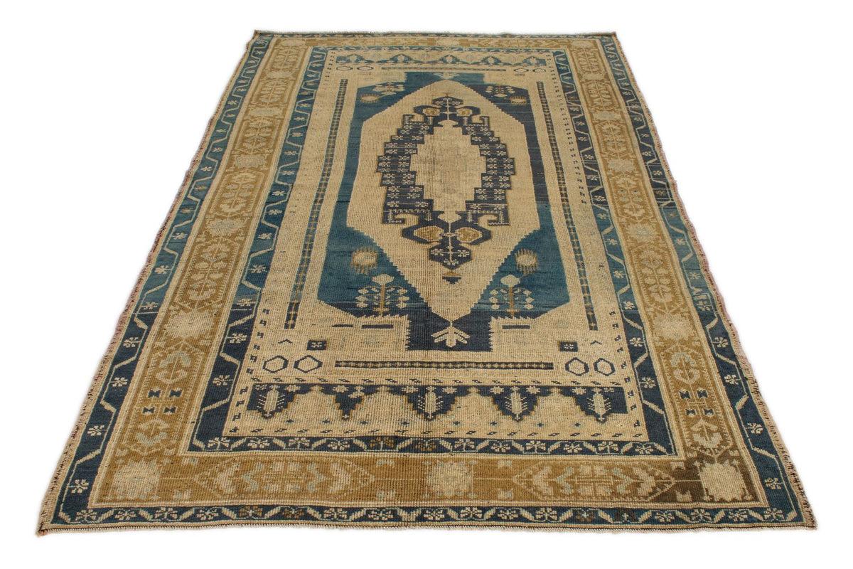 5x8 Ivory and Navy Turkish Tribal Rug