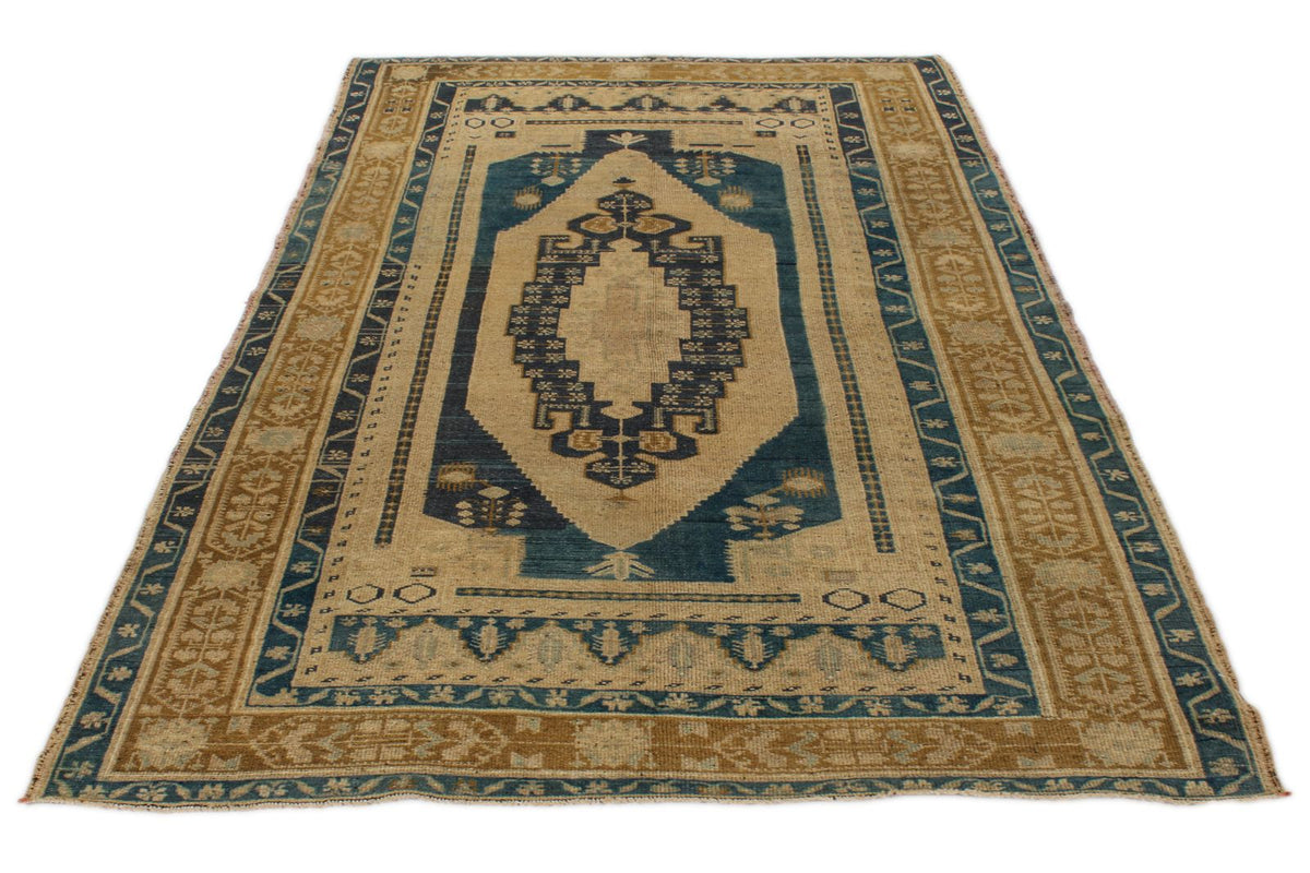 5x8 Ivory and Navy Turkish Tribal Rug