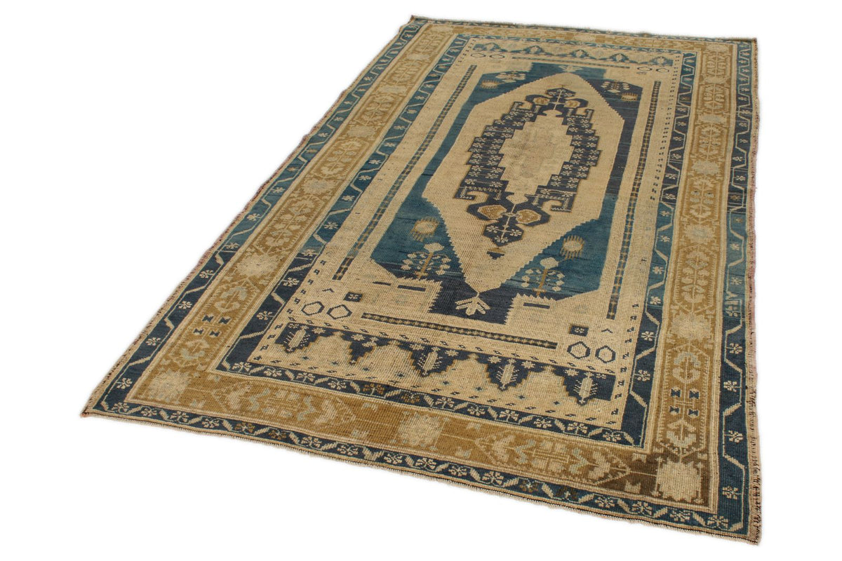 5x8 Ivory and Navy Turkish Tribal Rug