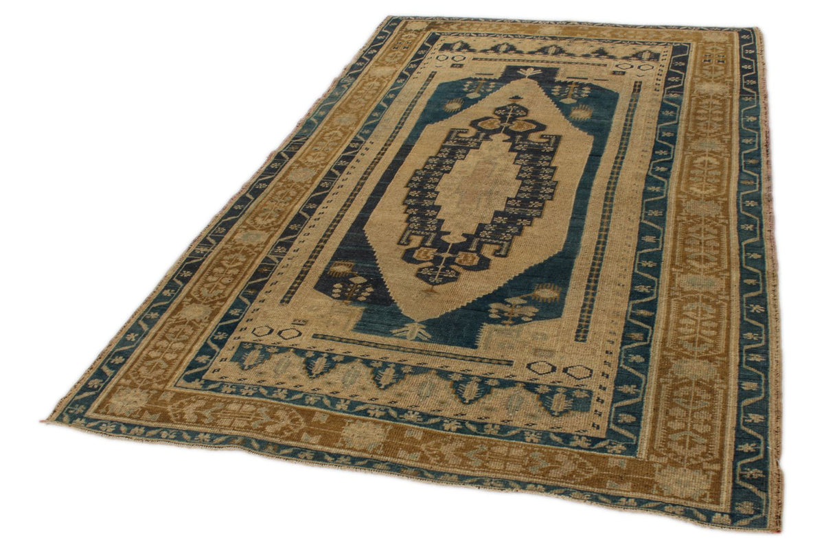 5x8 Ivory and Navy Turkish Tribal Rug