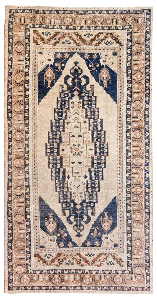5x10 Ivory and Purple Turkish Tribal Rug
