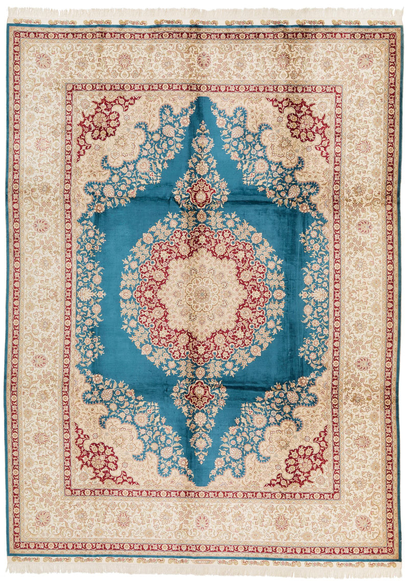 9x12 Blue and Ivory Turkish Silk Rug