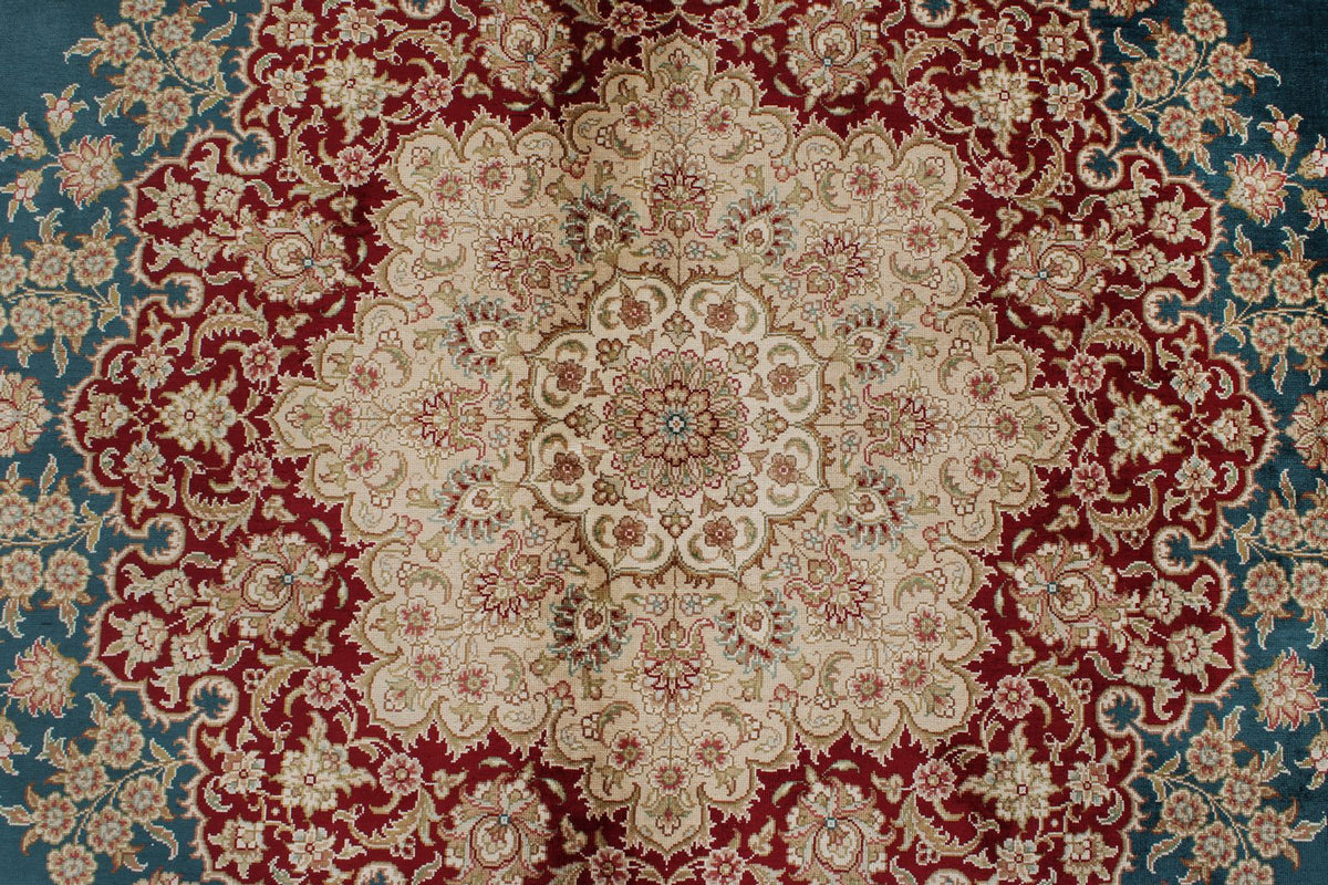 9x12 Blue and Ivory Turkish Silk Rug