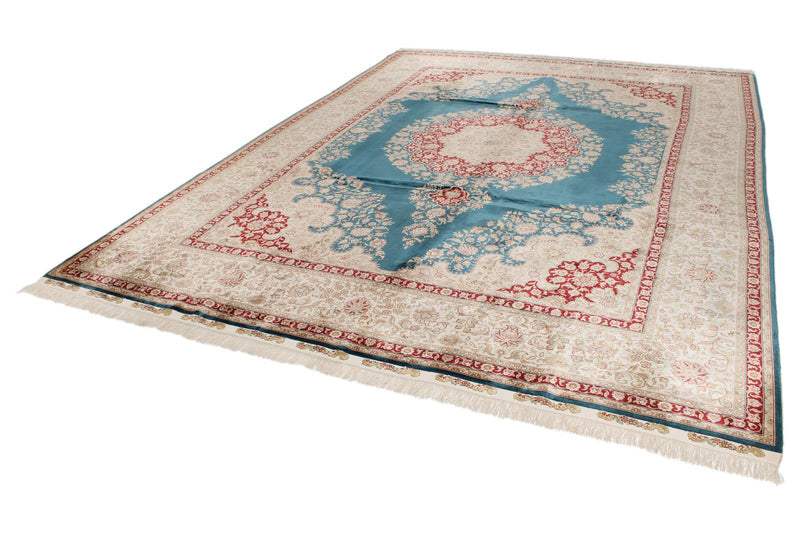 9x12 Blue and Ivory Turkish Silk Rug