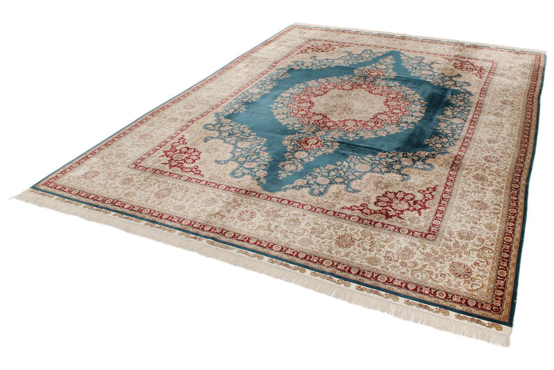 9x12 Blue and Ivory Turkish Silk Rug