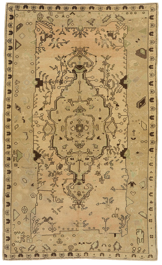 5x8 Green and Ivory Turkish Tribal Rug