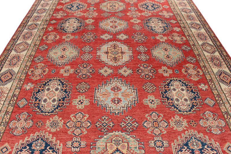 8x12 Red and Ivory Kazak Tribal Rug