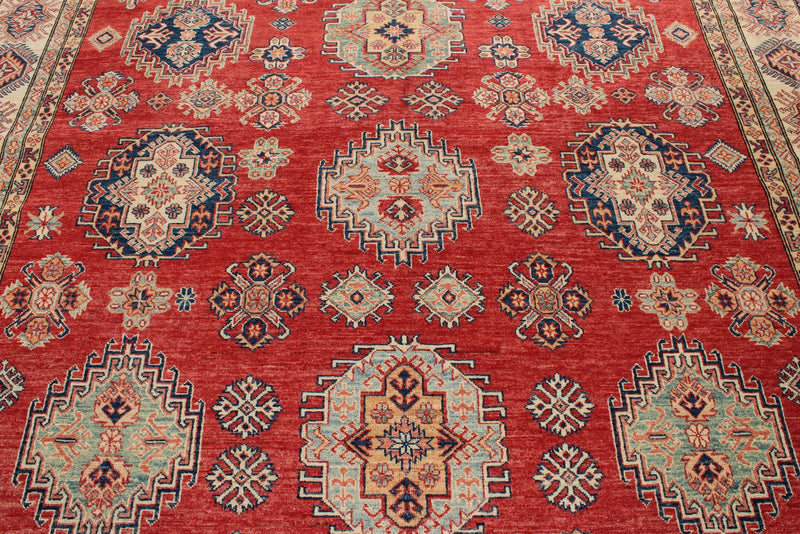 8x12 Red and Ivory Kazak Tribal Rug