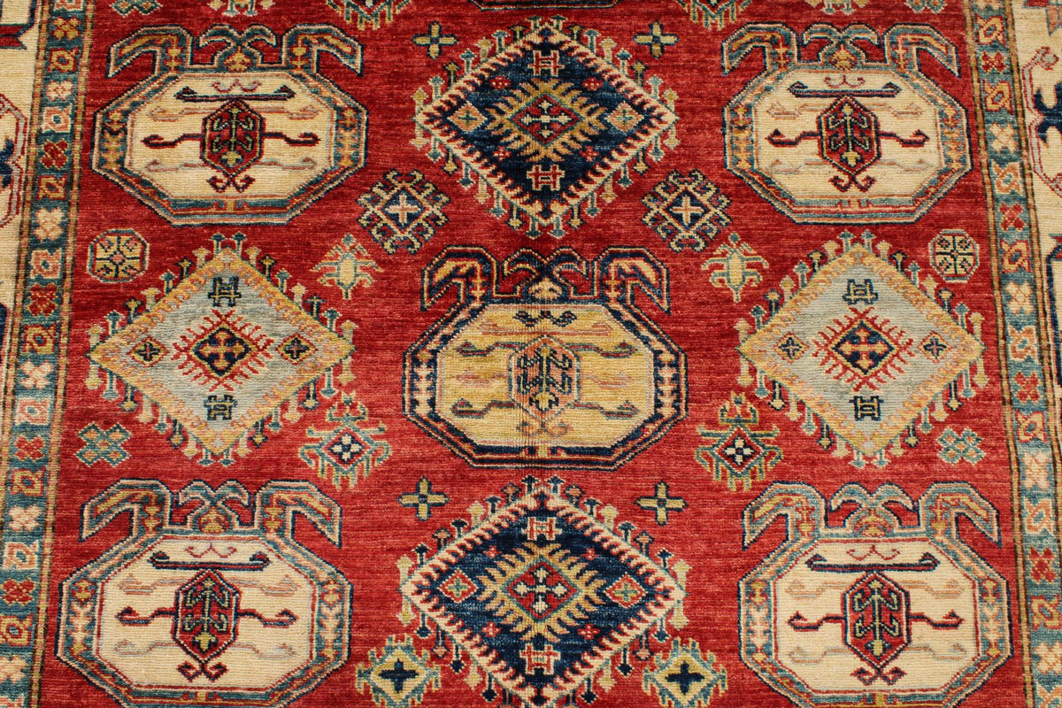 5x8 Beige and Red Kazak Tribal Rug